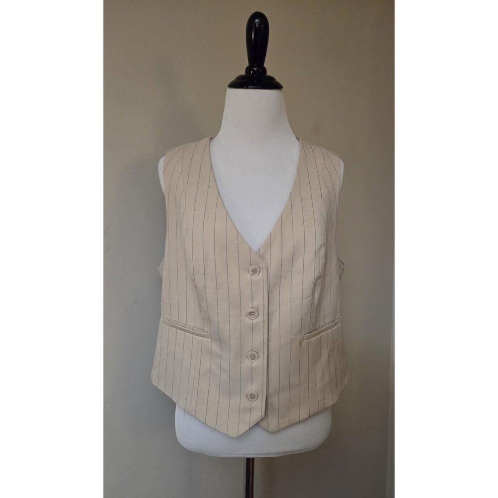 NWT‎ Rachel Zoe Pinstripe Women's Vest Lined Tan Blue Size Large